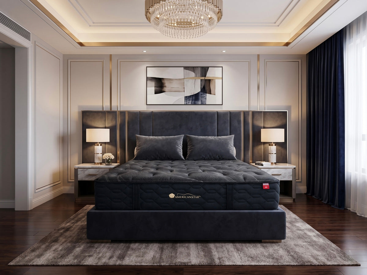 American Star Heritage Medium mattress on an upholstered bed